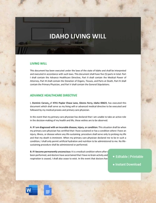 Idaho Living Will Template