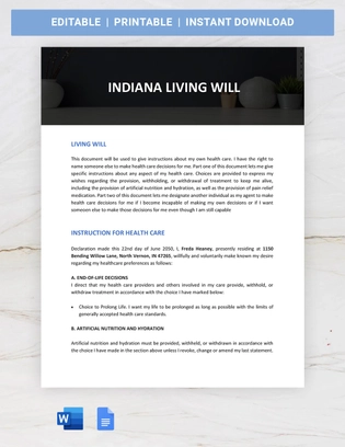 Indiana Living Will Template