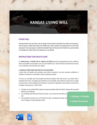 Kansas Living Will Template