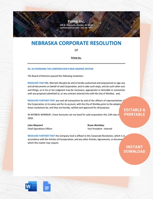 Nebraska Corporate Resolution Template