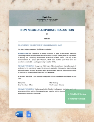 New Mexico Corporate Resolution Template