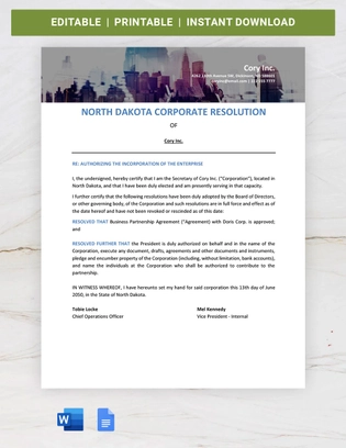 North Dakota Corporate Resolution Template