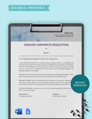 Oregon Corporate Resolution Template