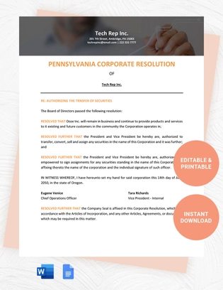 Pennsylvania Corporate Resolution Template