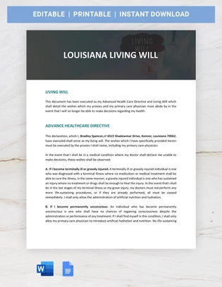 Louisiana Living Will Template