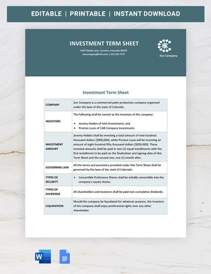 Investment Term Sheet Template