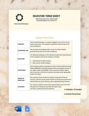 Investor Term Sheet Template