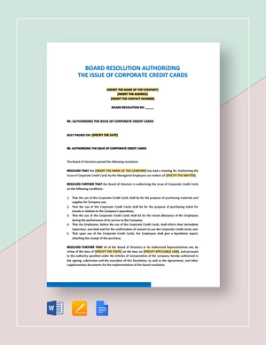 Board Resolution Authorizing the Issue of Corporate Credit Card Template Board Resolution Authorizing the Issue of Corporate Credit Card Template