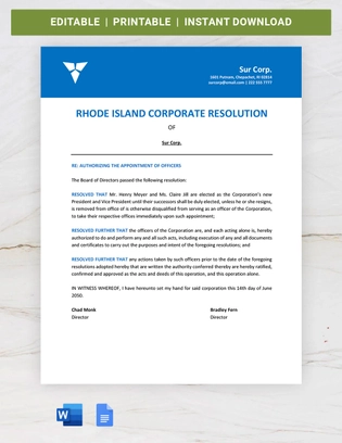Rhode Island Corporate Resolution Template