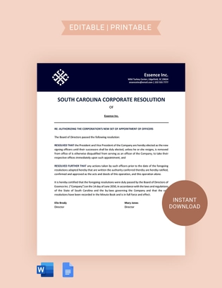 South Carolina Corporate Resolution Template