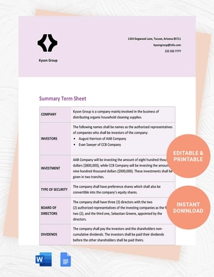 Summary Term Sheet Template
