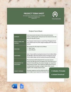 Project Term Sheet Template