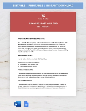 Arkansas Last Will And Testament Template