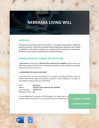Nebraska Living Will Template