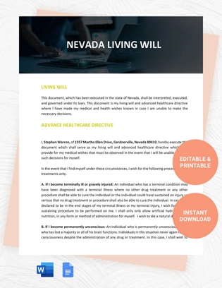 Nevada Living Will Template