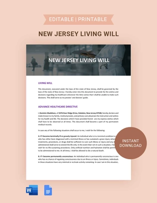 New Jersey Living Will Template