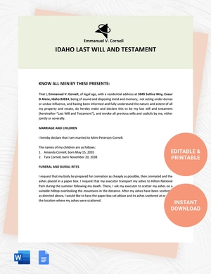 Idaho Last Will And Testament Template