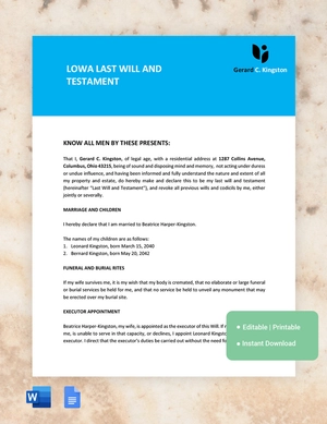 Iowa Last Will And Testament Template