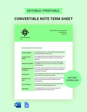 Convertible Note Term Sheet Template