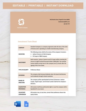 Standard Term Sheet Template