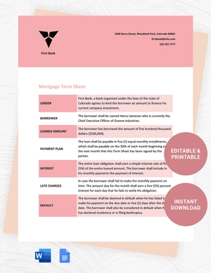 Mortgage Term Sheet Template