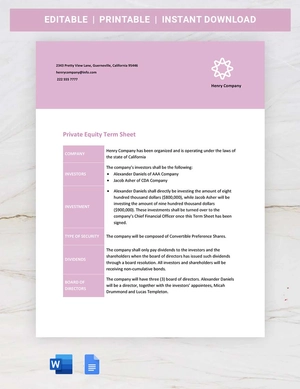 Private Equity Term Sheet Template
