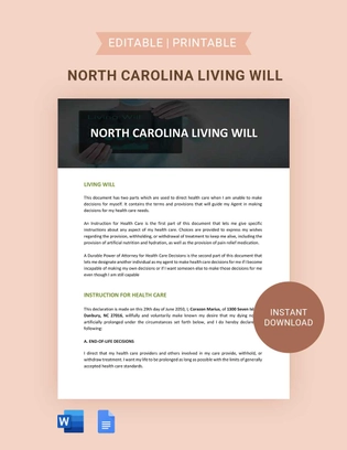 North Carolina Living Will Template