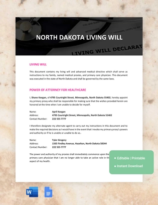 North Dakota Living Will Template