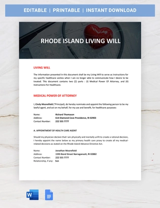 Rhode Island Living Will Template