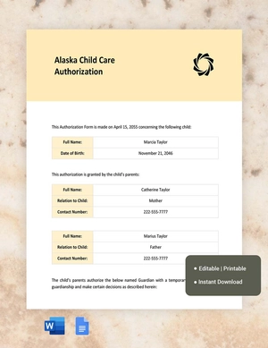 Alaska Child Care Authorization Template
