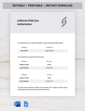 California Child Care Authorization Template