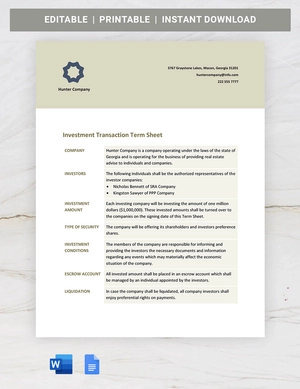 Transaction Term Sheet Template
