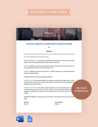 South Dakota Corporate Resolution Template
