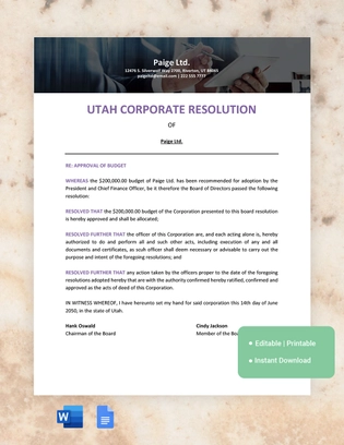 Utah Corporate Resolution Template