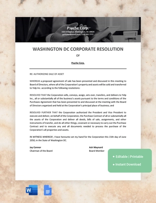 Washington DC Corporate Resolution Template