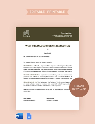 West Virginia Corporate Resolution Template