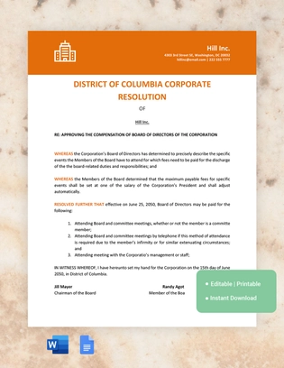 District Of Columbia Corporate Resolution Template