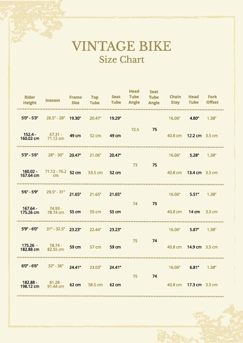 Vintage Bike Size Chart