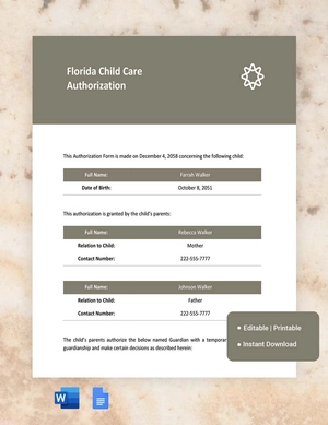 Florida Child Care Authorization Template