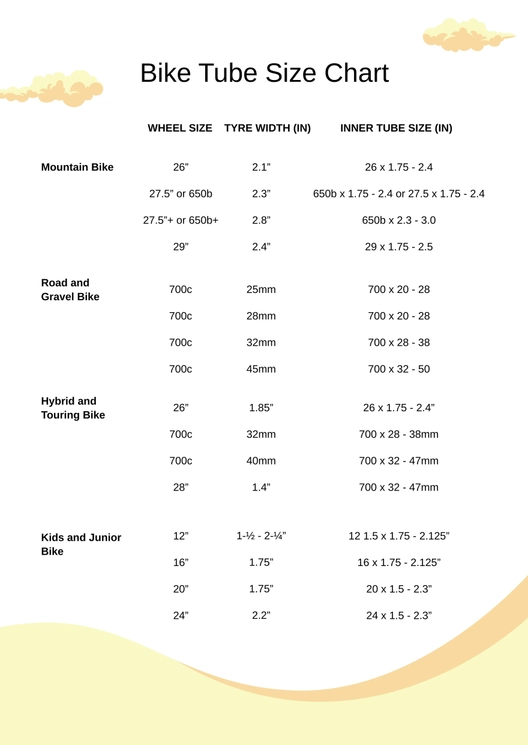 Bike Tube Sizes Chart