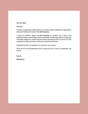 Professional Fresher Resume Cover Letter