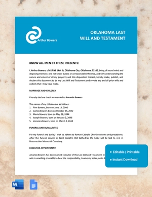 Oklahoma Last Will And Testament Template