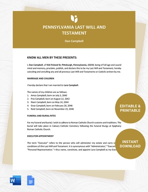 Pennsylvania Last Will And Testament Template