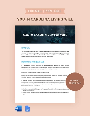 South Carolina Living Will Template