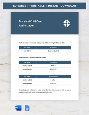 Maryland Child Care Authorization Template