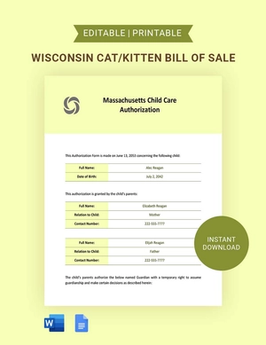 Massachusetts Child Care Authorization Template
