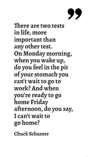Chuck Schumer - There are two tests in life, more important than any other test. On Monday morning, when you wake up, do you feel in the pit of your stomach you can’t wait to go to work? And when you’