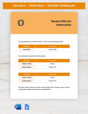 Nevada Child Care Authorization Template