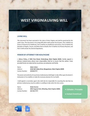 West Virginia Living Will Template