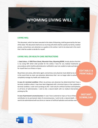 Wyoming Living Will Template
